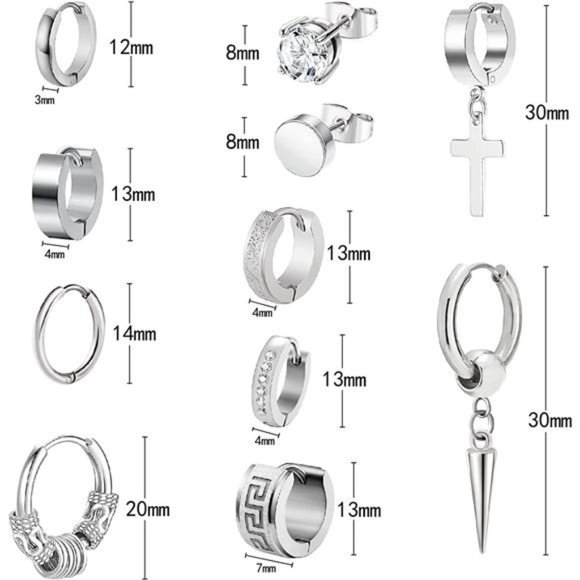 Mens Earrings 11 Pairs Stainless Steel Small Hoop Earrings Cross Dangle Men Gift - Picture 3 of 5